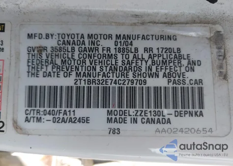 2004 Toyota Corolla Le from USA, damaged, VIN 2T1BR32E74C279709